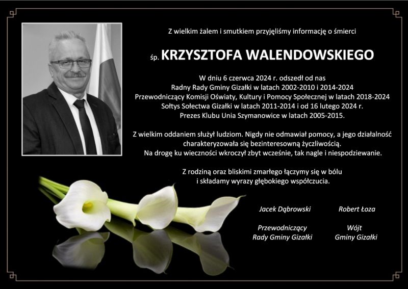 Kondolencje z powodu śmierci Krzysztofa Walendowskiego